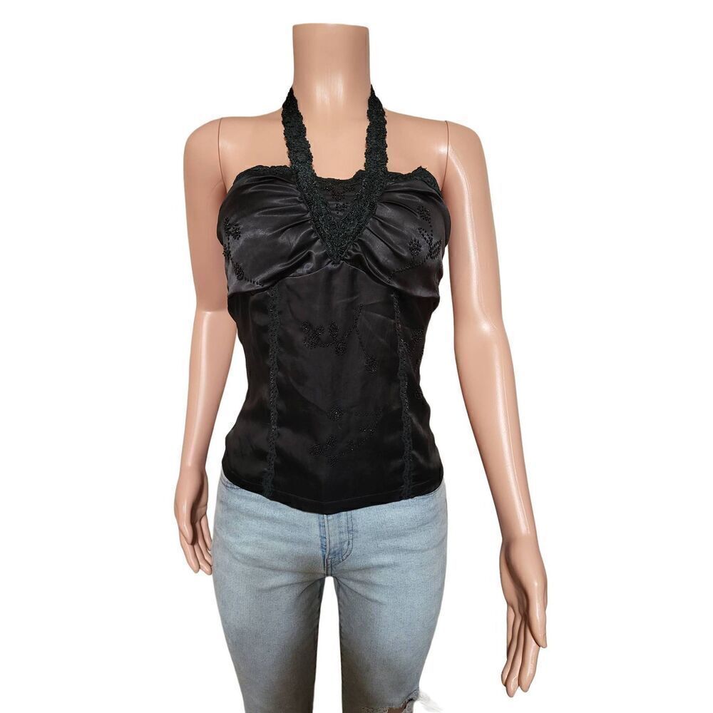 Timing black halter embroidery silk blouse L